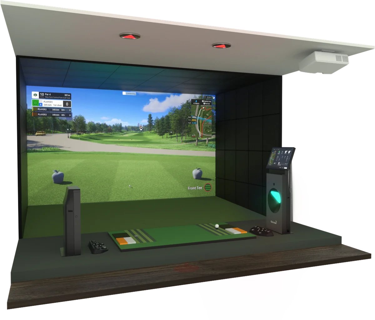 Cutaway view of the GOLFZON TwoVisionNX bay showing the screen, swing plate and kiosk